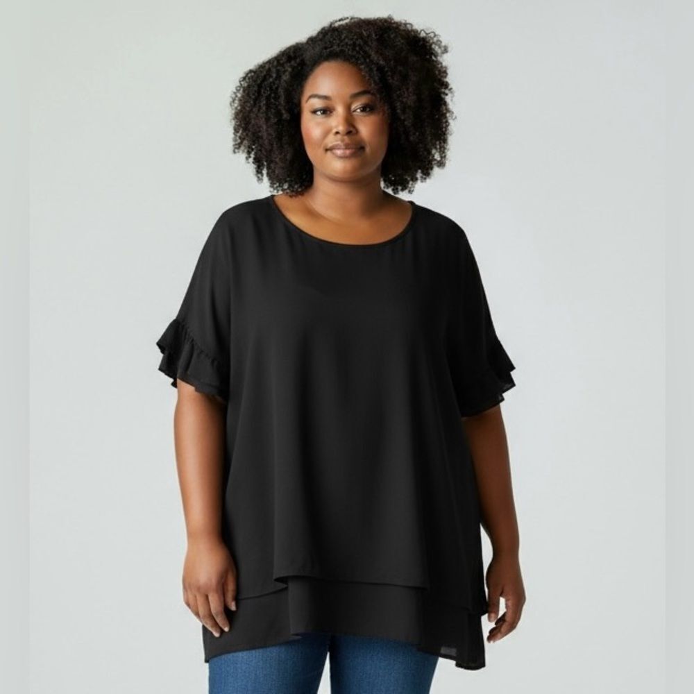 Shavonne Dorsey Chic Romantic Black Tiered Ruffle Fluttery Sleeve Blouse 1X New